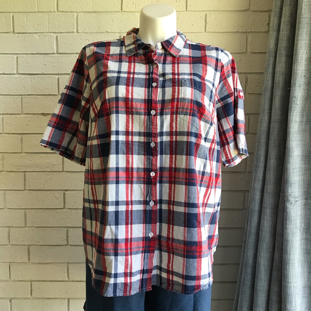 Cotton Shirt Button Down Roll Tab Short Sleeve Red White Blue Woman Within Sz 1X